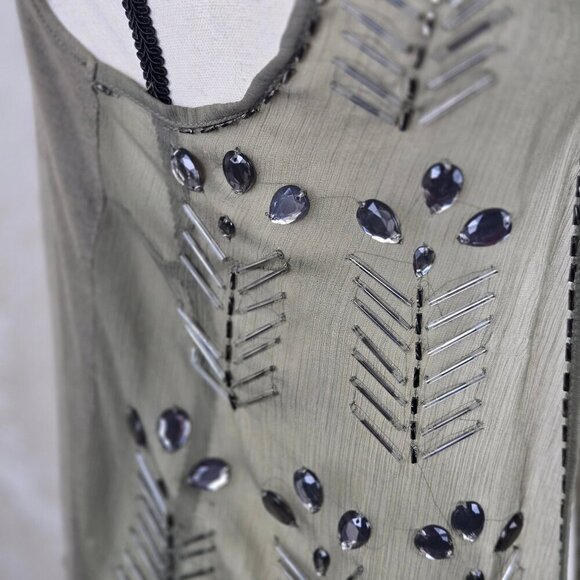 Bar III Size XS Olive Green Lightweight Vest Beaded Open Front Boho Festival - Picture 5 of 12